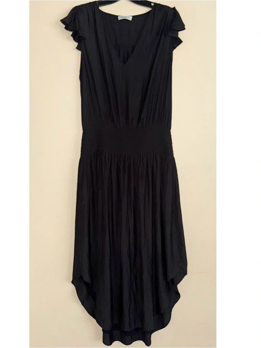 RAMY BROOK Black V Neck Smock Waist Midi Flutter Sleeve Satin Dress Size L